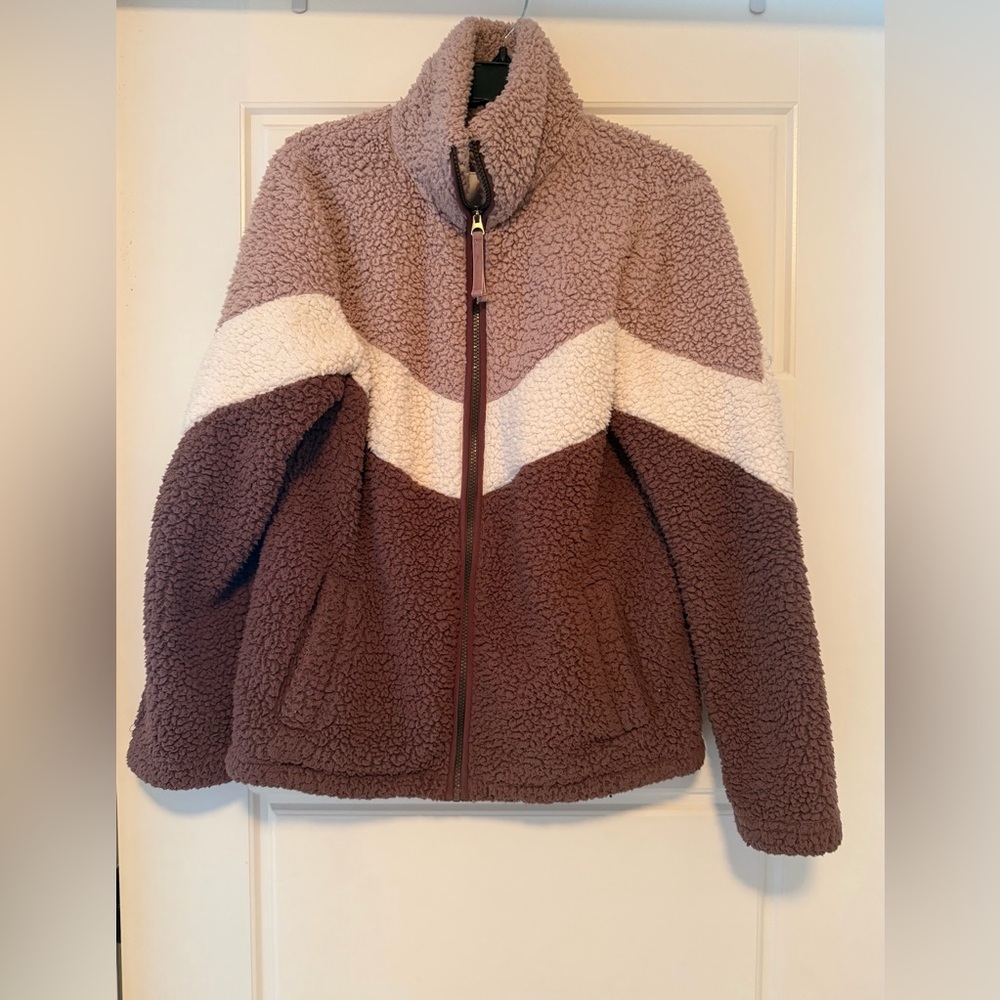 Colorblock Sherpa Zip Jacket in Mauve, Cream & Brown